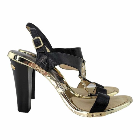 MICHAEL KORS MK LEATHER BLACK - GOLD FULTON T STRAP BLOCK HEELS - Picture 2 of 10